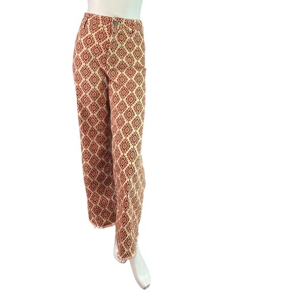 ZARA Marine Straight Jeans Wide Leg Ecru & Brick Red Print Raw Hem Size 4 - Picture 8 of 9